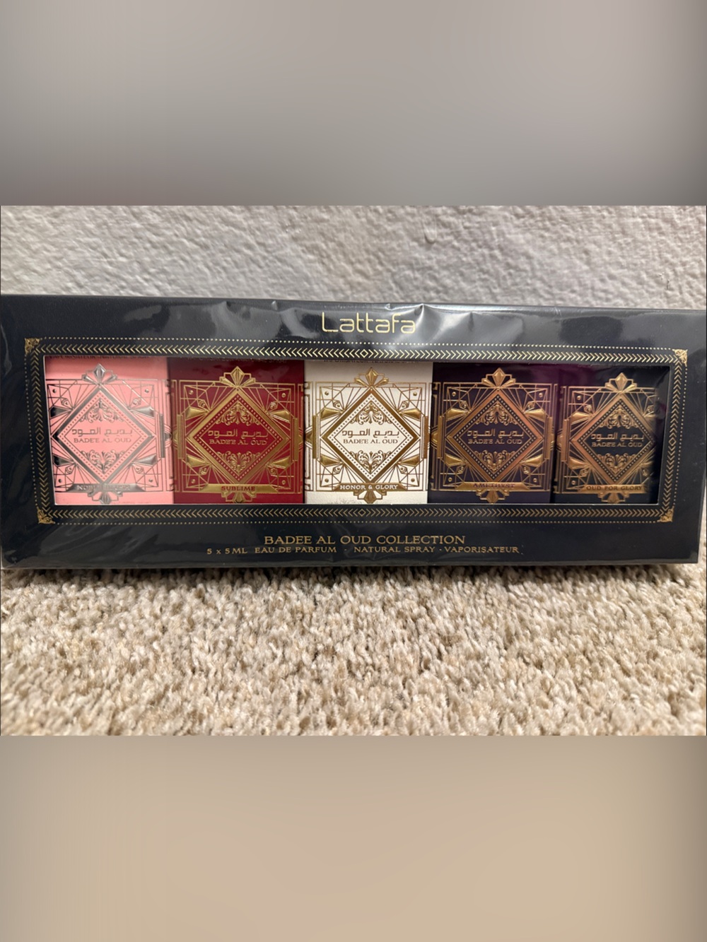 Lattafa Badee Al Oud Fragrance Set - Pink, Red, White, Gold, Brown